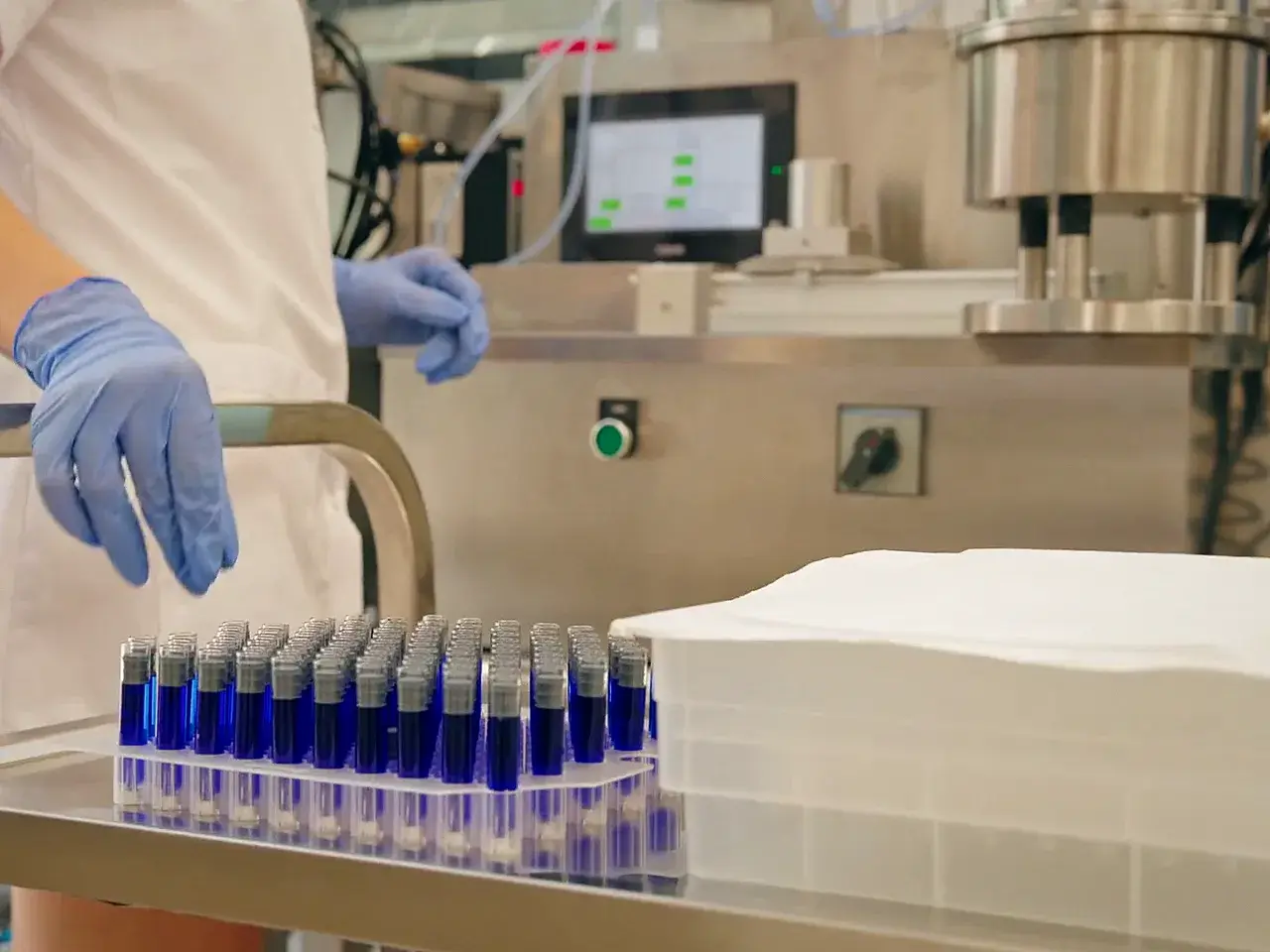 Gloved technician beside a rack of filled cartridges in front of the filling machine